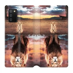 Housse cuir portefeuille Pour Samsung Galaxy A02S Lion Reflet
