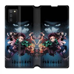 Housse cuir portefeuille Pour Samsung Galaxy A02S Manga Demon Slayer Noir