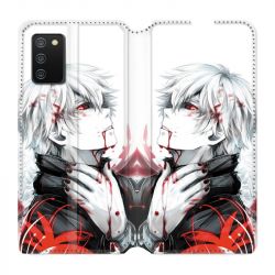 Housse cuir portefeuille Pour Samsung Galaxy A02S Manga Kaneki Blanc