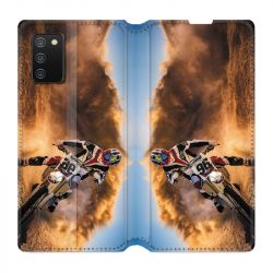 Housse cuir portefeuille Pour Samsung Galaxy A02S Moto Cross Blanc