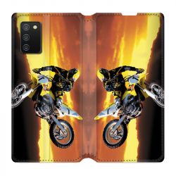 Housse cuir portefeuille Pour Samsung Galaxy A02S Moto Cross Noir
