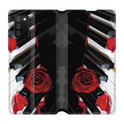 Housse cuir portefeuille Pour Samsung Galaxy A02S Musique Rose Piano