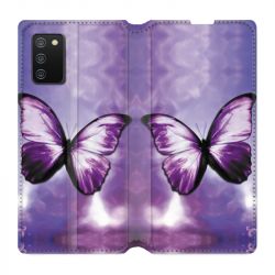 Housse cuir portefeuille Pour Samsung Galaxy A02S Papillon Violet et Blanc