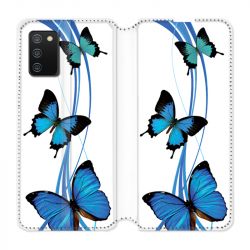 Housse cuir portefeuille Pour Samsung Galaxy A02S Papillon bleu sur Blanc