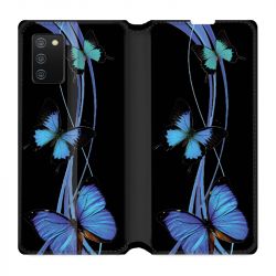 Housse cuir portefeuille Pour Samsung Galaxy A02S Papillon bleu sur Noir