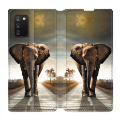 Housse cuir portefeuille Pour Samsung Galaxy A02S Savane Elephant Route