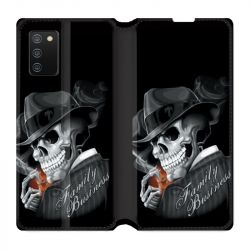Housse cuir portefeuille Pour Samsung Galaxy A02S Tete de Mort family business
