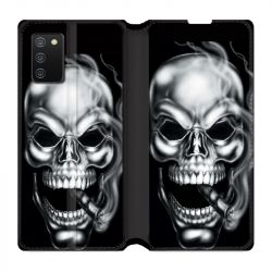 Housse cuir portefeuille Pour Samsung Galaxy A02S Tete de Mort Fume
