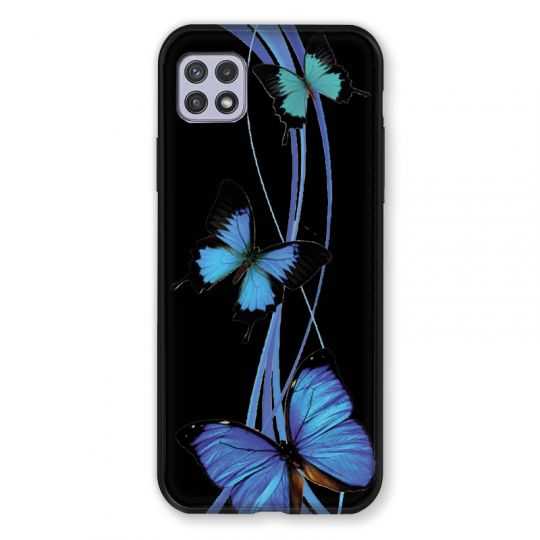 Coque Pour Samsung Galaxy A22 5G Papillon bleu sur Noir
