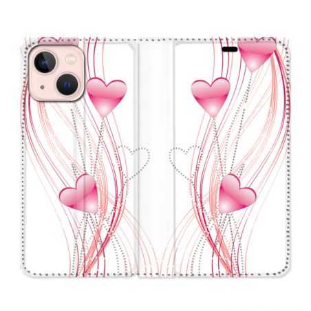 Housse Cuir Portefeuille Pour Iphone 13 Coeur Rose Montant sur Blanc