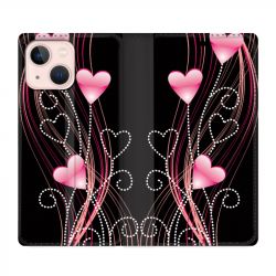 Housse Cuir Portefeuille Pour Iphone 13 Coeur Rose Montant sur Noir
