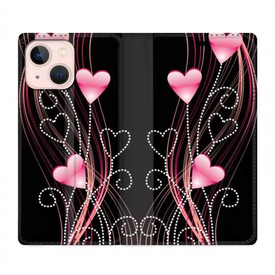 Housse Cuir Portefeuille Pour Iphone 13 Coeur Rose Montant sur Noir