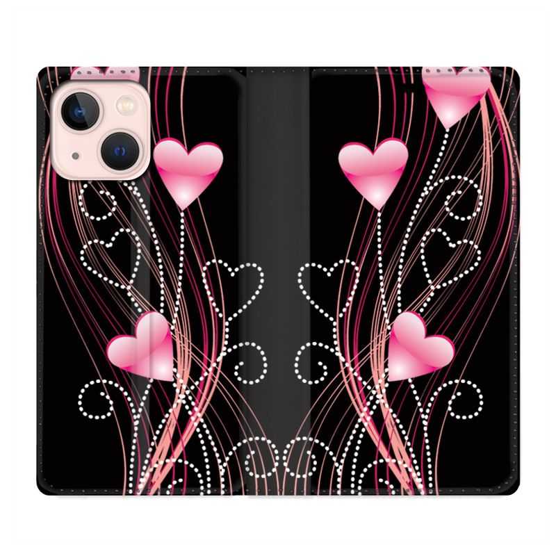 Housse Cuir Portefeuille Pour Iphone 13 Coeur Rose Montant sur Noir