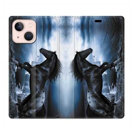 Housse Cuir Portefeuille Pour Iphone 13 Cheval Noir
