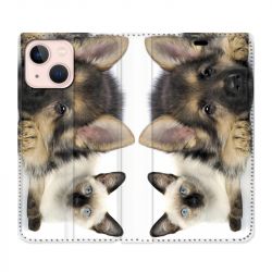 Housse Cuir Portefeuille Pour Iphone 13 Chien vs Chat
