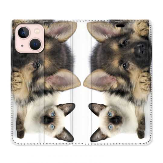Housse Cuir Portefeuille Pour Iphone 13 Chien vs Chat
