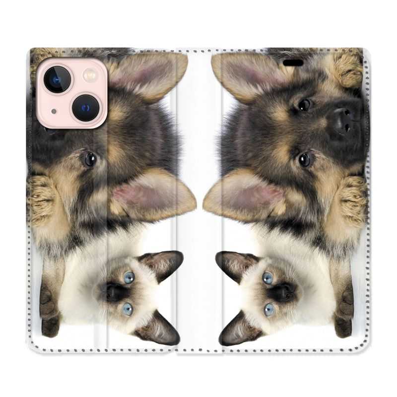 Housse Cuir Portefeuille Pour Iphone 13 Chien vs Chat