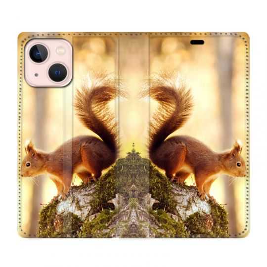 Housse Cuir Portefeuille Pour Iphone 13 Ecureuil Bois