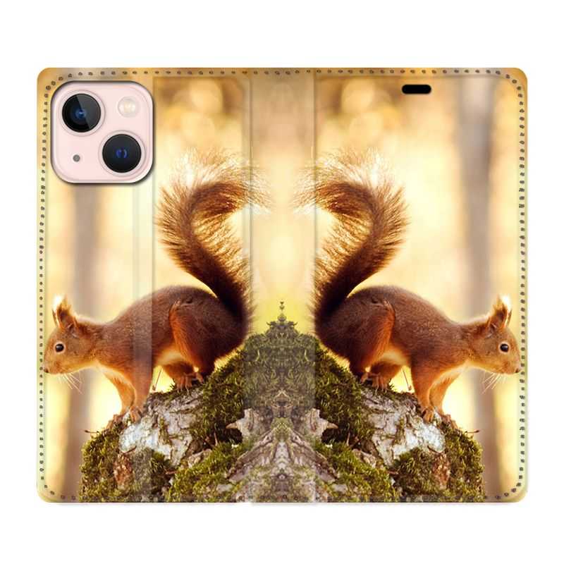 Housse Cuir Portefeuille Pour Iphone 13 Ecureuil Bois