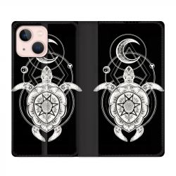 Housse Cuir Portefeuille Pour Iphone 13 Animaux Maori Tortue Noir