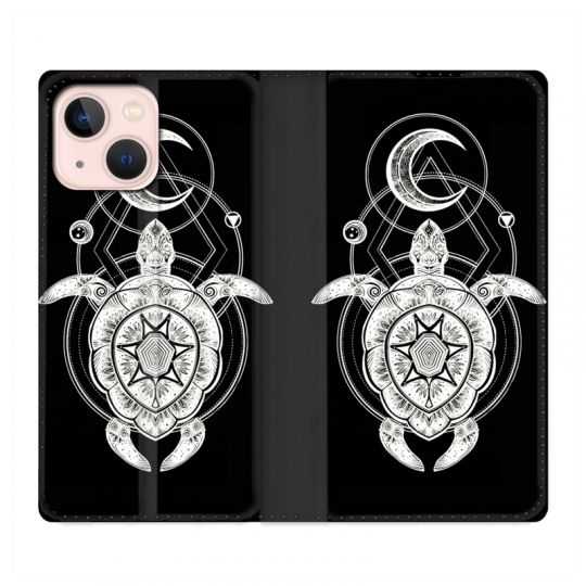 Housse Cuir Portefeuille Pour Iphone 13 Animaux Maori Tortue Noir