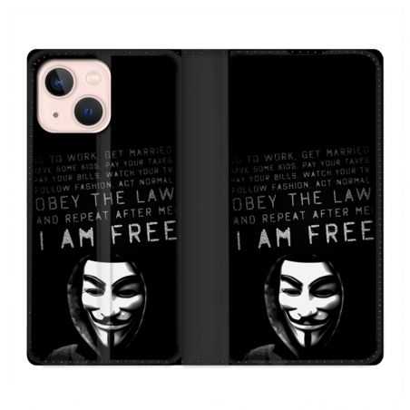 Housse Cuir Portefeuille Pour Iphone 13 Anonymous I am free