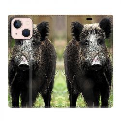 Housse Cuir Portefeuille Pour Iphone 13 Chasse Sanglier bois