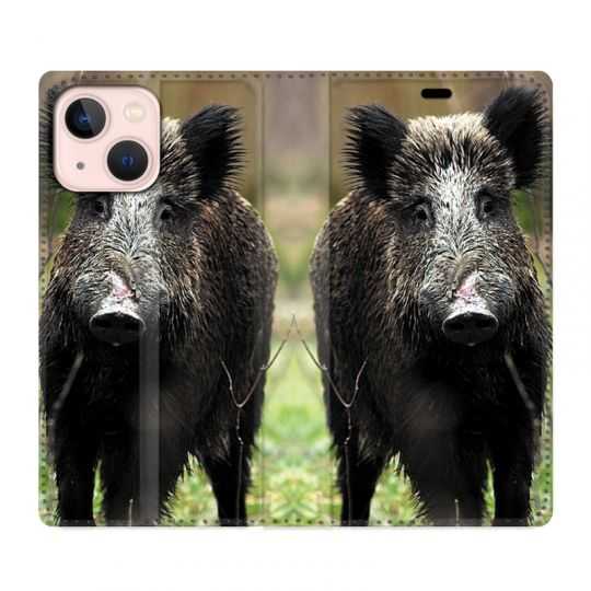 Housse Cuir Portefeuille Pour Iphone 13 Chasse Sanglier bois