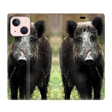 Housse Cuir Portefeuille Pour Iphone 13 Chasse Sanglier bois