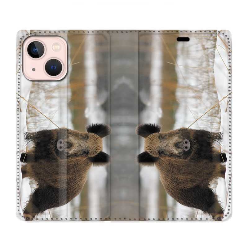 Housse Cuir Portefeuille Pour Iphone 13 Chasse Sanglier Neige