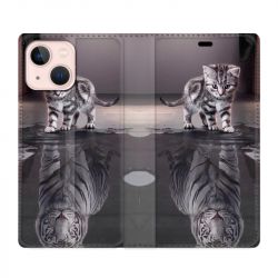Housse Cuir Portefeuille Pour Iphone 13 Chat Reflet