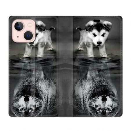 Housse Cuir Portefeuille Pour Iphone 13 Chien Reflet