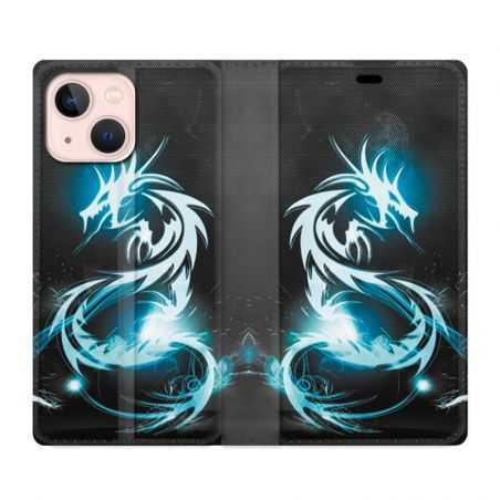 Housse Cuir Portefeuille Pour Iphone 13 Dragon Bleu