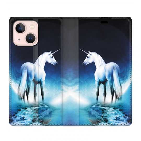 Housse Cuir Portefeuille Pour Iphone 13 Licorne Lune