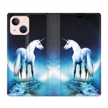 Housse Cuir Portefeuille Pour Iphone 13 Licorne Lune