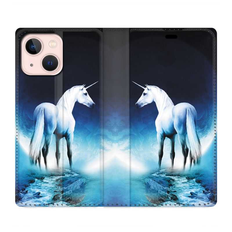 Housse Cuir Portefeuille Pour Iphone 13 Licorne Lune