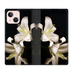 Housse Cuir Portefeuille Pour Iphone 13 Fleur Lys Noir