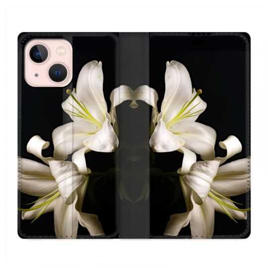 Housse Cuir Portefeuille Pour Iphone 13 Fleur Lys Noir