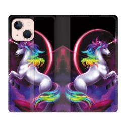 Housse Cuir Portefeuille Pour Iphone 13 Licorne Arc en ciel