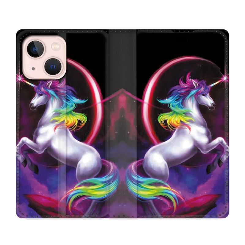 Housse Cuir Portefeuille Pour Iphone 13 Licorne Arc en ciel