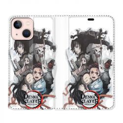 Housse Cuir Portefeuille Pour Iphone 13 Manga Demon Slayer Blanc