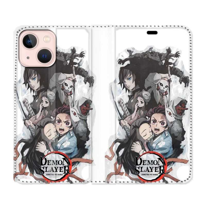 Housse Cuir Portefeuille Pour Iphone 13 Manga Demon Slayer Blanc