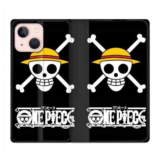 Housse Cuir Portefeuille Pour Iphone 13 Manga One Piece Tete de Mort