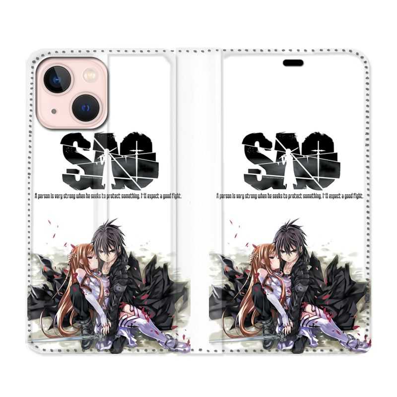 Housse Cuir Portefeuille Pour Iphone 13 Manga SAO sword Art Online Blanc