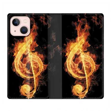 Housse Cuir Portefeuille Pour Iphone 13 Musique Clé Sol Feu N