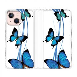Housse Cuir Portefeuille Pour Iphone 13 Papillon bleu sur Blanc