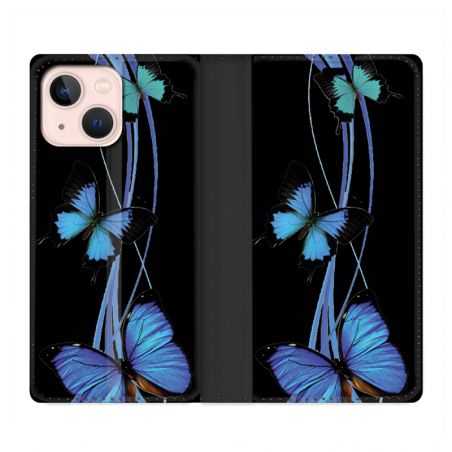 Housse Cuir Portefeuille Pour Iphone 13 Papillon bleu sur Noir