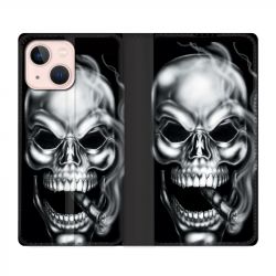 Housse Cuir Portefeuille Pour Iphone 13 Tete de Mort Fume