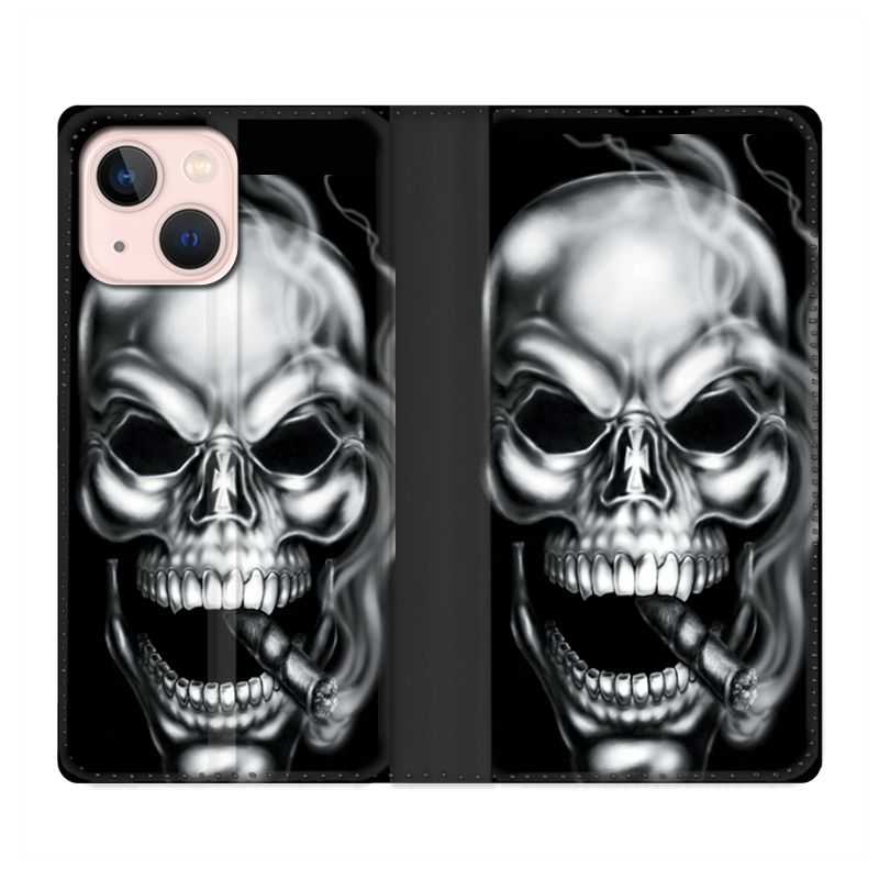 Housse Cuir Portefeuille Pour Iphone 13 Tete de Mort Fume