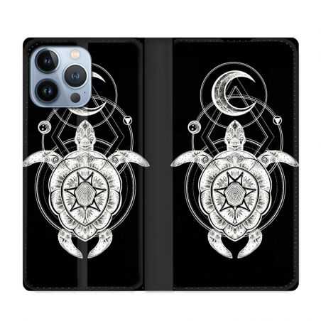 Housse Cuir Portefeuille Pour Iphone 13 Pro Animaux Maori Tortue Noir